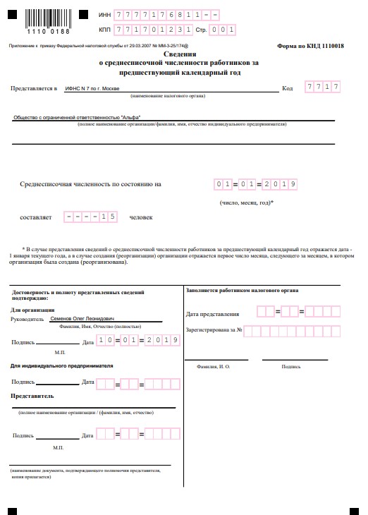 КНД 1110018 (Сведения О Среднесписочной Численности Работников)