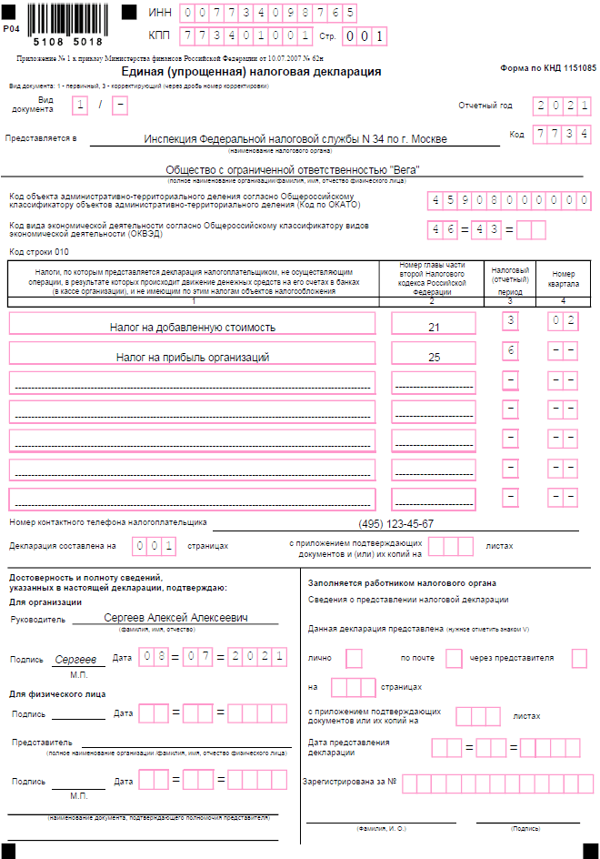 Образец заполнения бланка единой упрощённой декларации