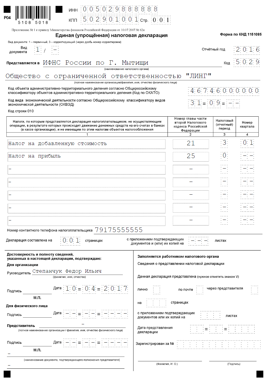 образец заполнения упрощенной декларации