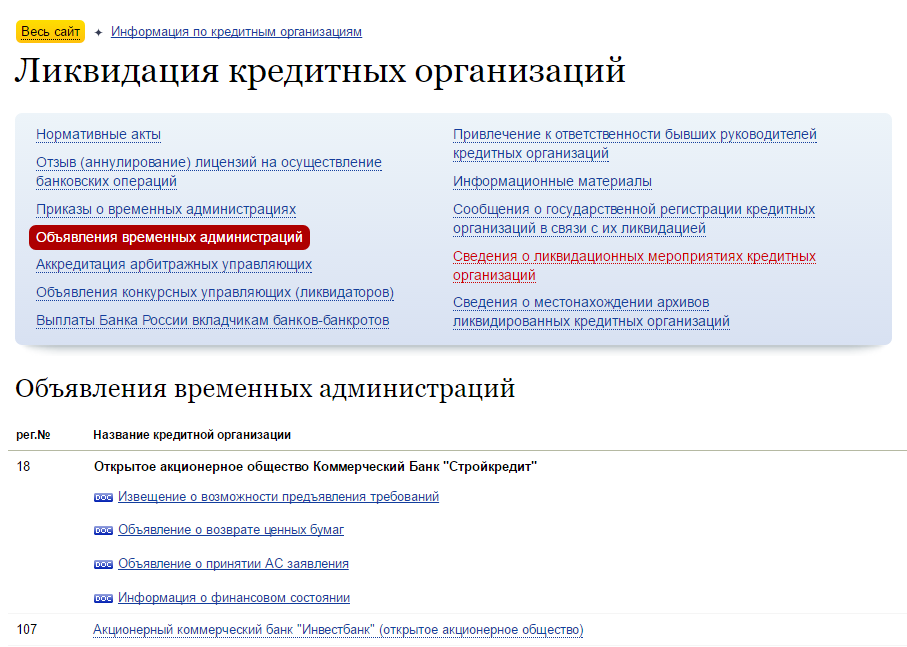 Объявления временных администраций об отзыве лицензии банка