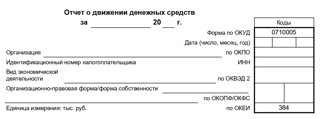 Шапка отчета о движении денежных средств