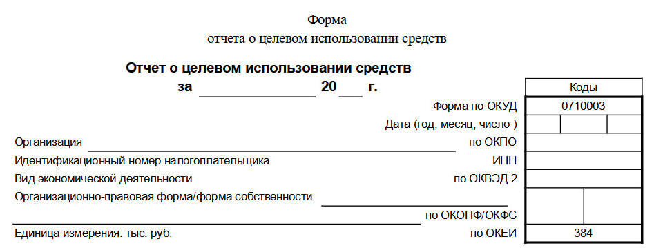 Шапка формы отчета о целевом использовании средств