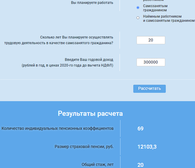 Расчет пенсии на сайте ПФР для ИП с доходом 300 000 руб. и стажем 20 лет