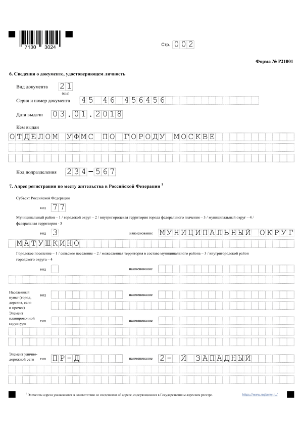 Форма 21001. Стр. 2. Образец заполнения.
