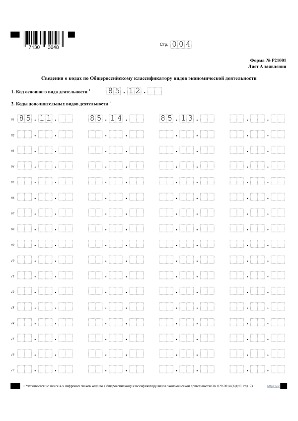 Форма 21001. Стр. 4. Образец заполнения.