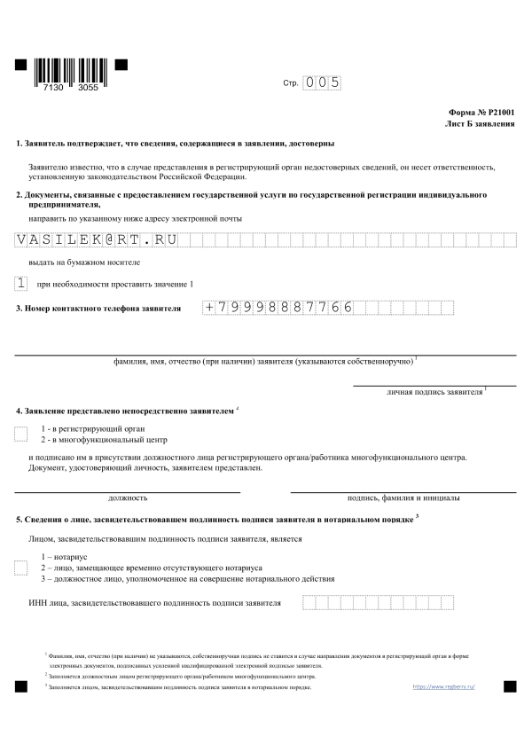 Форма 21001. Стр. 5. Образец заполнения.