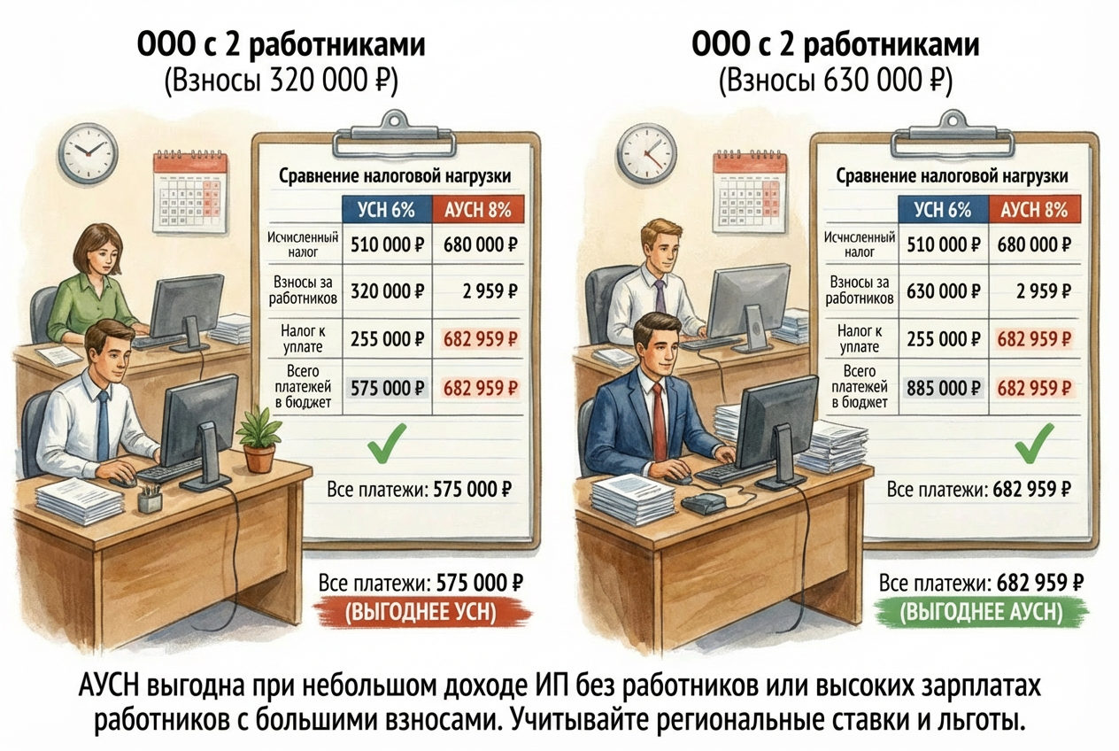 Сравнение налоговой нагрузки на УСН и АУСН для ООО