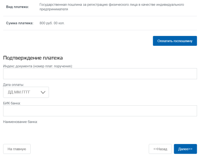 Регистрация ИП на портале Госуслуги. Шаг 10 - оплата госпошлины
